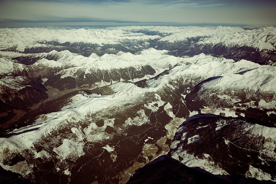 aerial photo of alpine mountains, areal, photography, icy, nature HD wallpaper