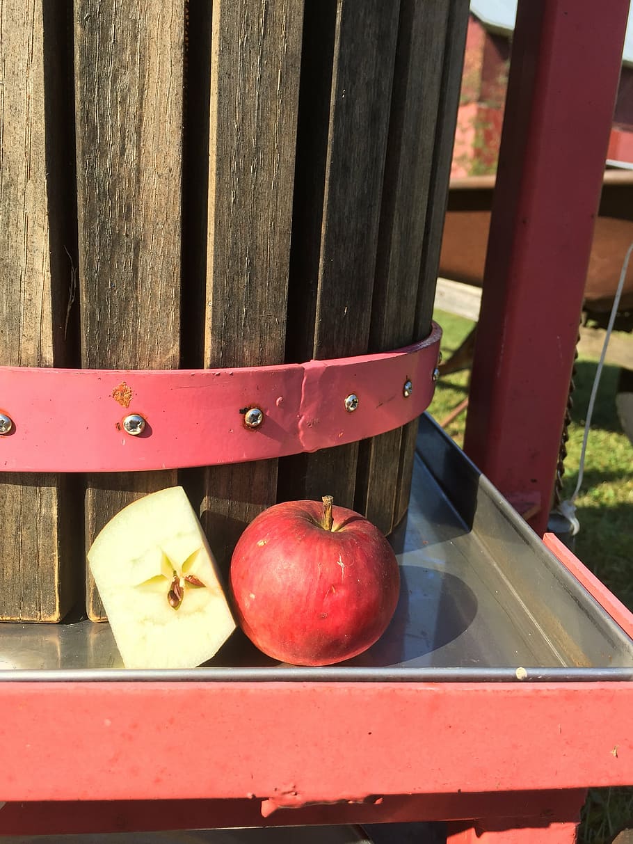 red apple beside fruit press, cider, organic, autumn, fall HD wallpaper