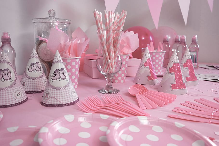 white and pink party hat set, white party, party favors, the adoption of, HD wallpaper