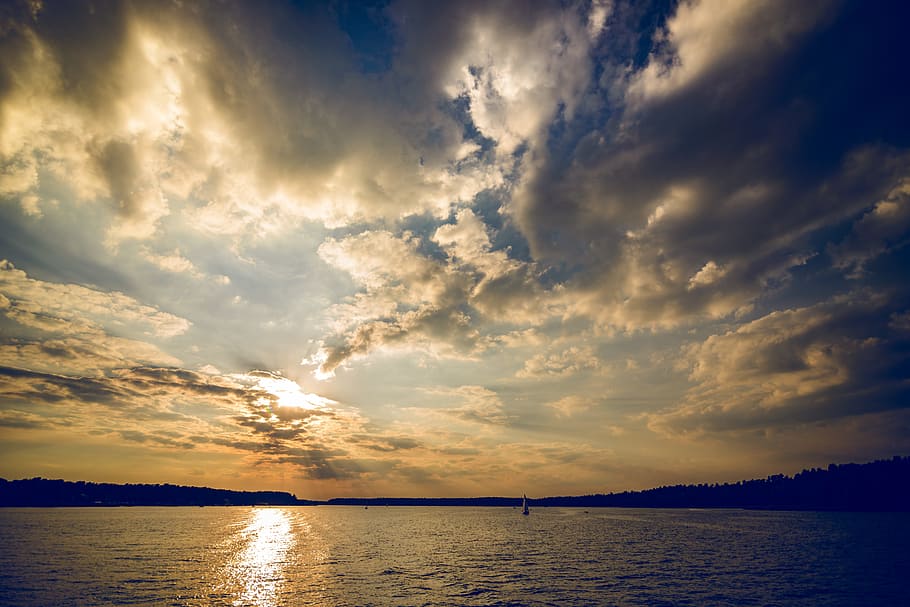 photo of large body of water with sunset background, lake, sky HD wallpaper