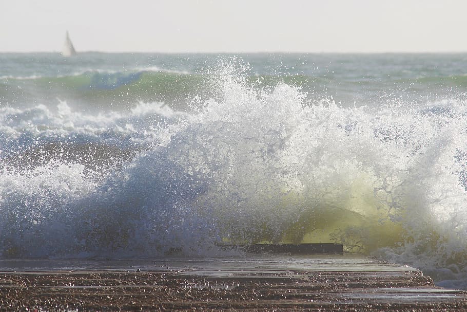 bursting sea waves, surf, spray, foam, crusher, ocean, nature