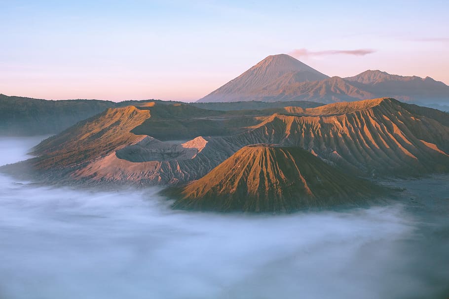 aerial photography of volcano, mountain landscape with clouds HD wallpaper