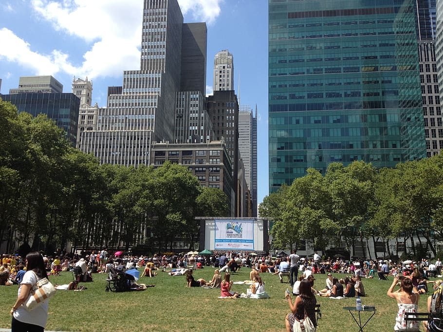 group of people on grass field, park, bryant park, urban, recreation