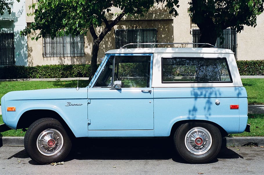blue, car, vehicle, vintage, bronco, classic, ford, oldtimer