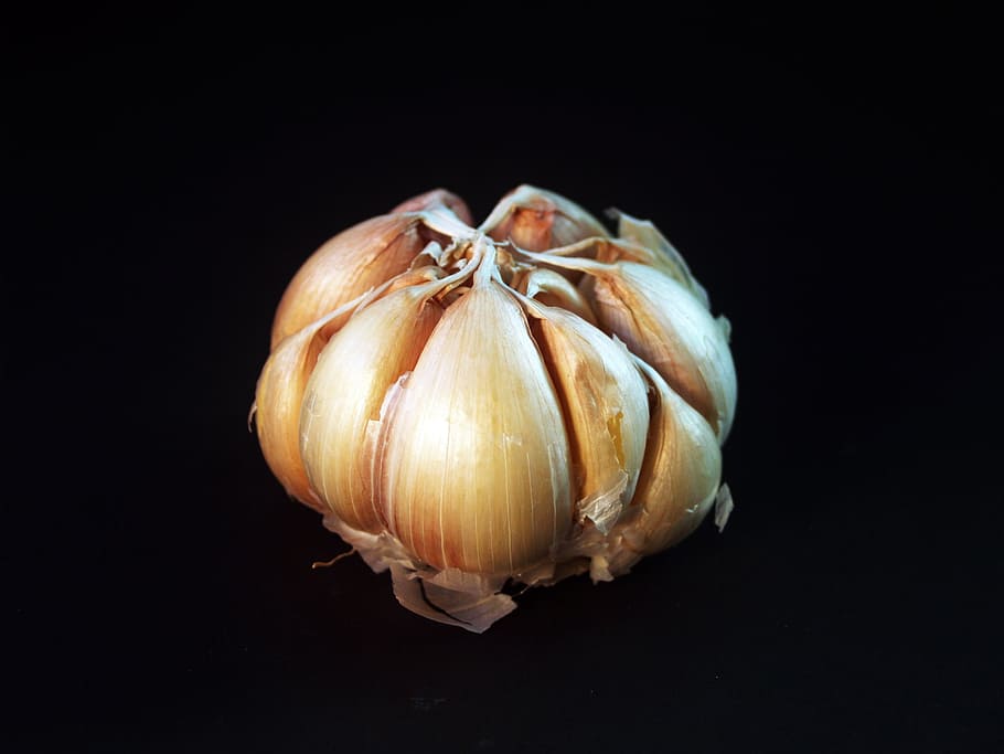 garlic bulb on black surface, Meals, White, Clove, seasoning, HD wallpaper