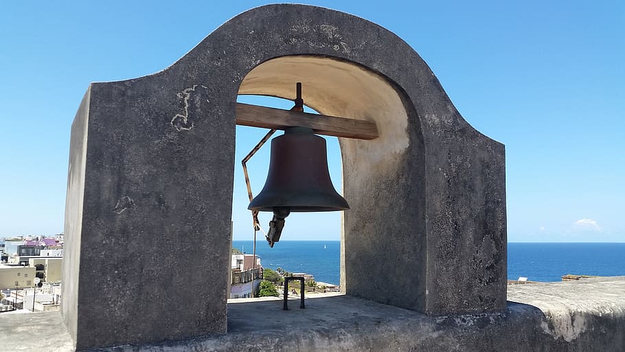 bell, old, architecture, alert, sea, water, sky, built structure HD wallpaper