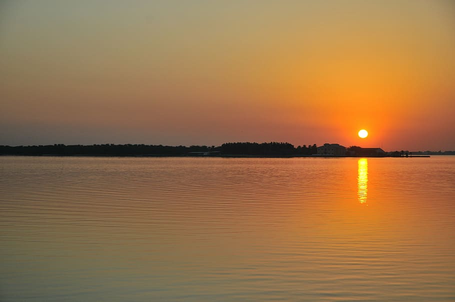 sunset, sundown, bahrain, nature, reflection, dusk, lake, summer, HD wallpaper