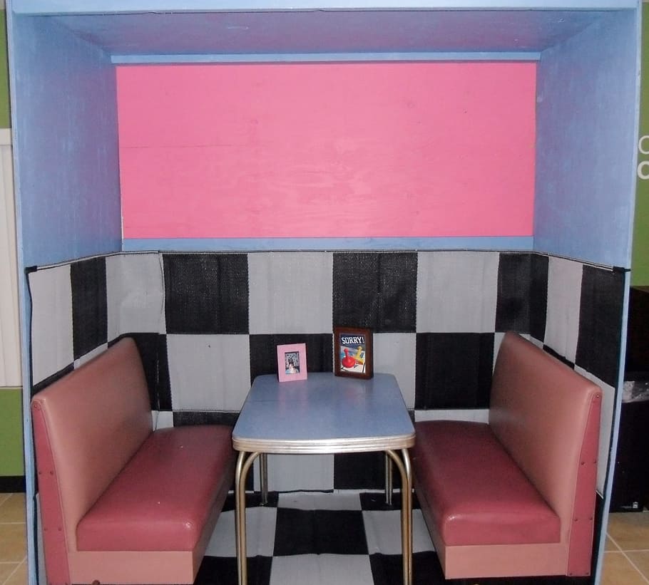 two red leather bench, Diner, Booth, Pink, Teal, Checkered, malt