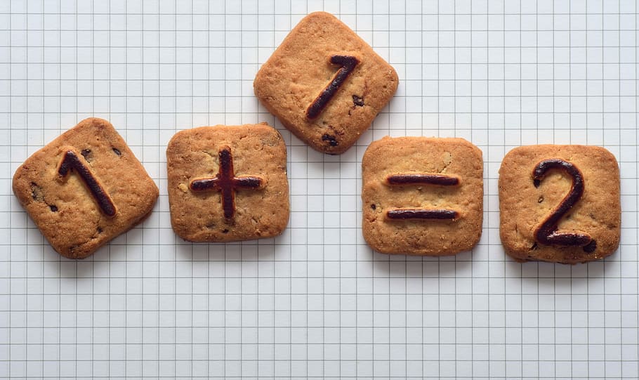 1+1=2 cookie on grid textile, pay, cookies, pastries, sweet, count