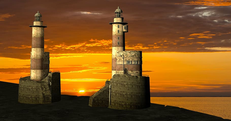 photo of brown lighthouse near body of water, evening, sunset HD wallpaper