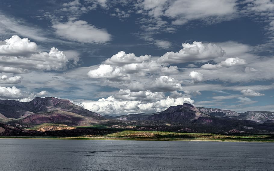 clouds, lake, landscape, mountain range, mountains, nature HD wallpaper