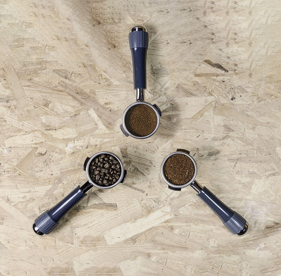 three blue handled coffee grinders, coffee bean, cafe, bar, expresso