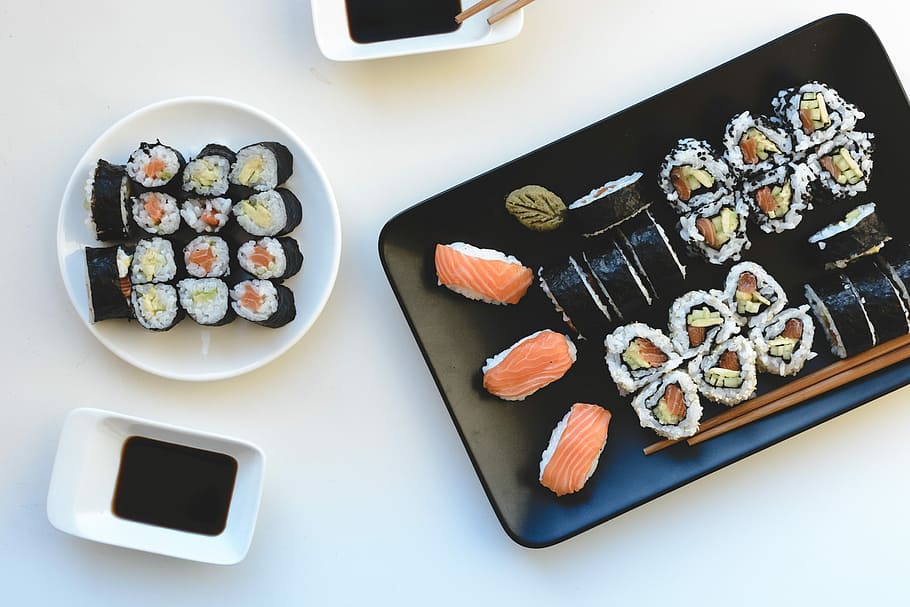 Homemade sushi, japanese, rice, salmon, top view, white background