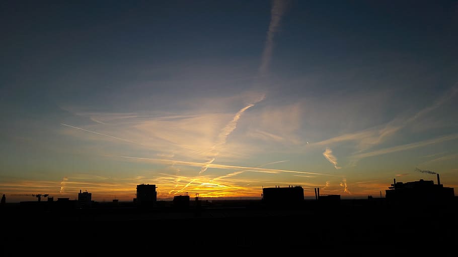 morning, work, sky, sunset, silhouette, cloud - sky, building exterior HD wallpaper