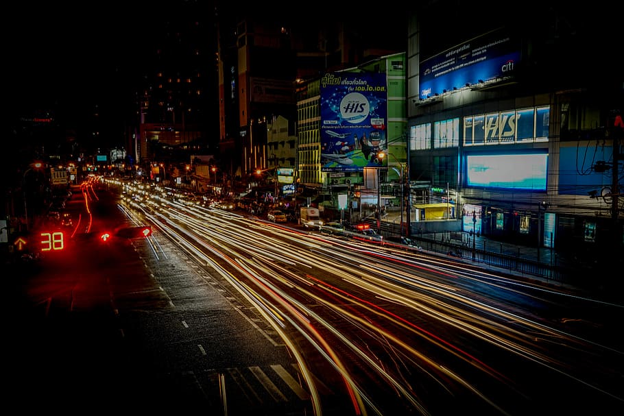 Lights of Traffic - Bangkok, Thailand, 2018, time-lapse photo of city road with buildings HD wallpaper