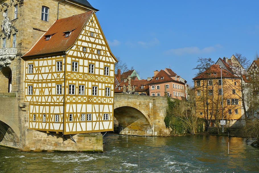 bamberg, town hall, city view rottmeister cottage, fachwerkhaus, HD wallpaper