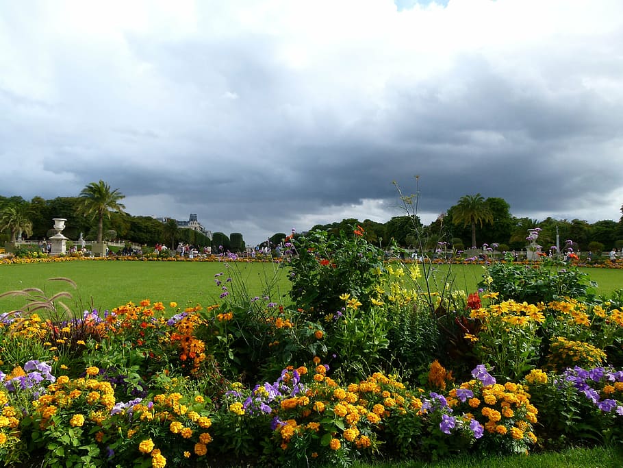luxembourg, flowers, park, sky, clouds, people, nature, outside, HD wallpaper