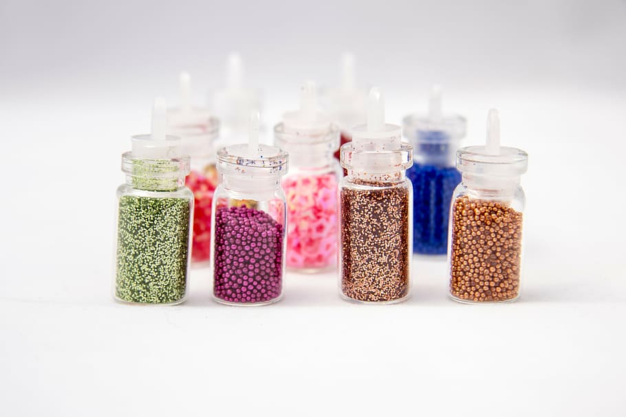 assorted glass bottles with glitter inside, jars, tinsel, capacity, HD wallpaper