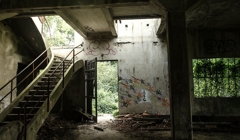 gray metal stair beside door, ruin, leave, destroyed, broken HD wallpaper