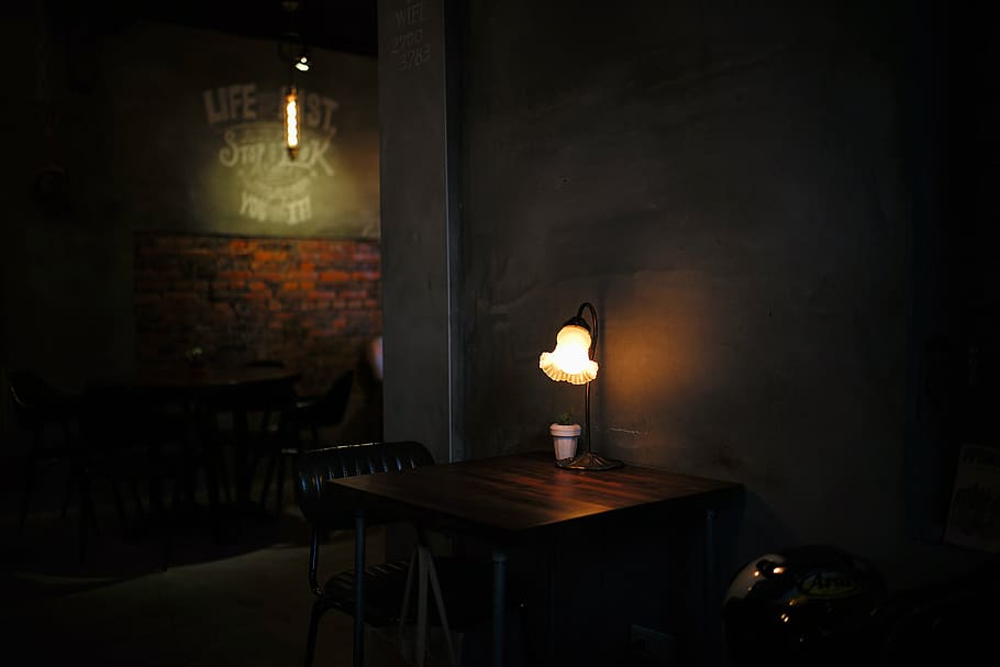 brown wooden table with table lamp, brown wooden table, Taipei