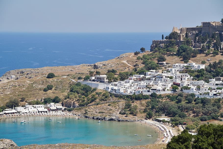 aerial photo of a city, greece, rhodes, lindos, sea, bay, greek city, HD wallpaper