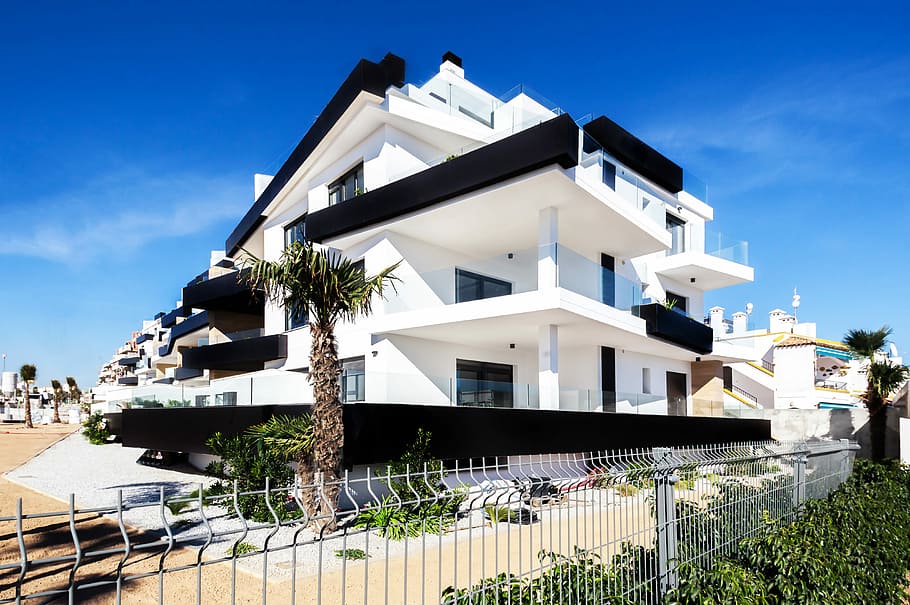 houses surrounded with plants, white and black concrete house with tree beside HD wallpaper