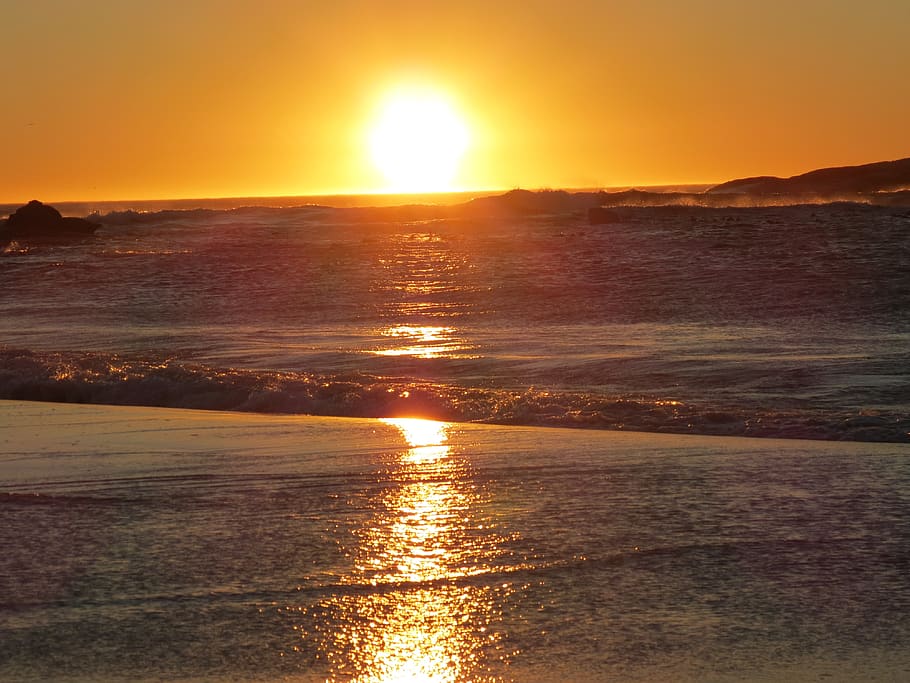 sunset, sea, beach, waves, sky, glow, orange, reflection, camps bay, HD wallpaper