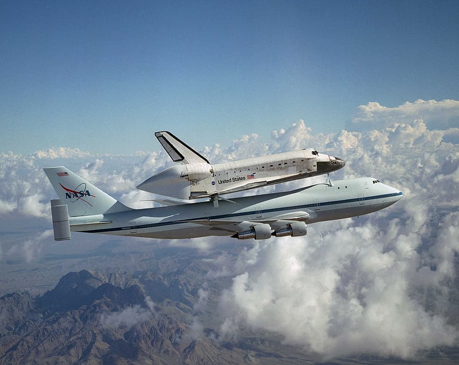 aerial photo of white NASA airplane, space shuttle, aerospace