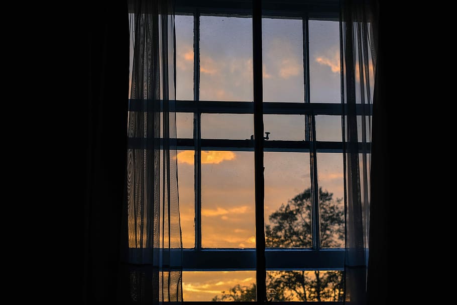 photo of blue framed glass window with curtain, closed windowpane during golden hour HD wallpaper