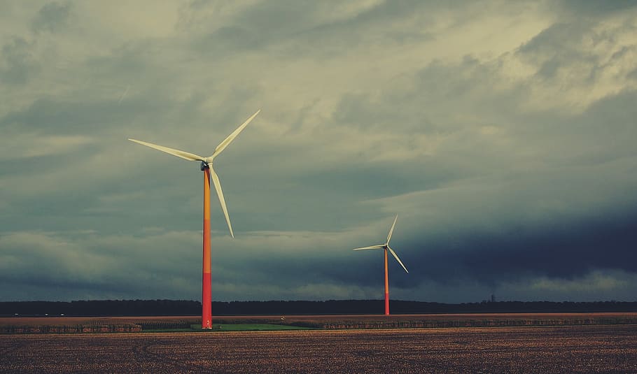 Windmills, Fields, Rural, Cloudy, sky, clouds, wind turbine HD wallpaper