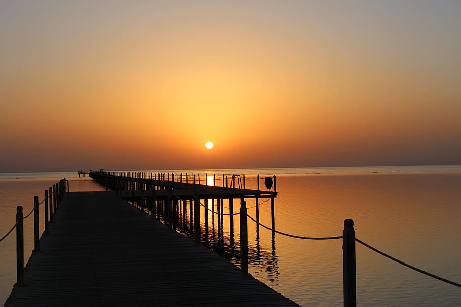 silhouette of dock, sunrise, egypt, sea, ocean, red sea, morgenstimmung, HD wallpaper