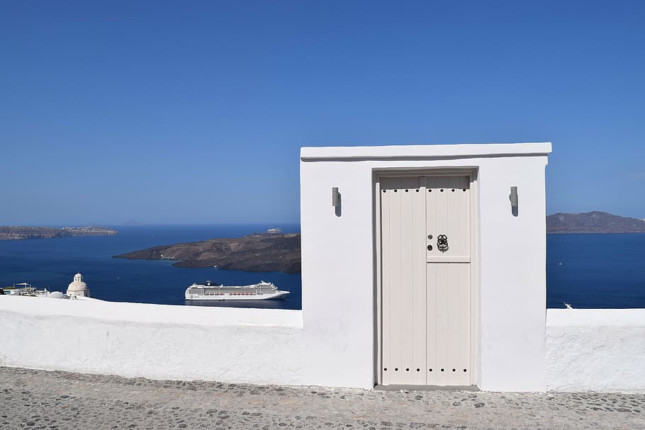 white ship on body of water during daytime, santorini, greece, HD wallpaper