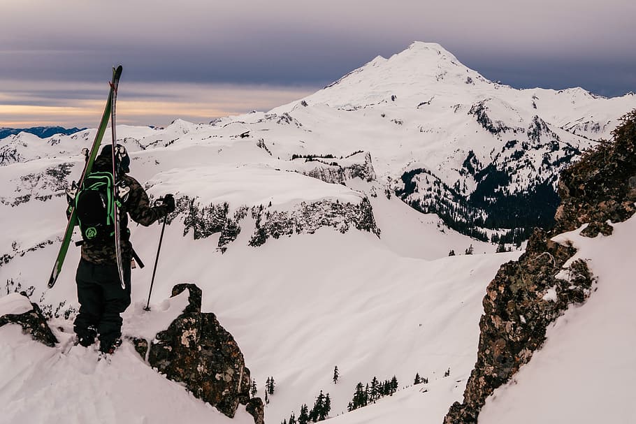 man skating on ice, man playing ice ski, mountain, peak, summit HD wallpaper