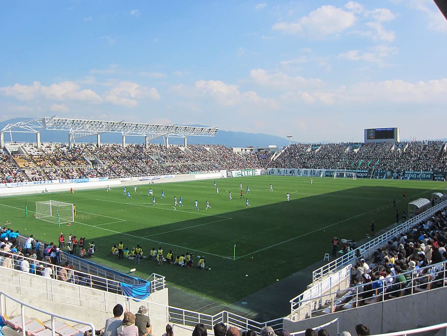football field during daytime, soccer, stadium, matsumoto, japan, HD wallpaper