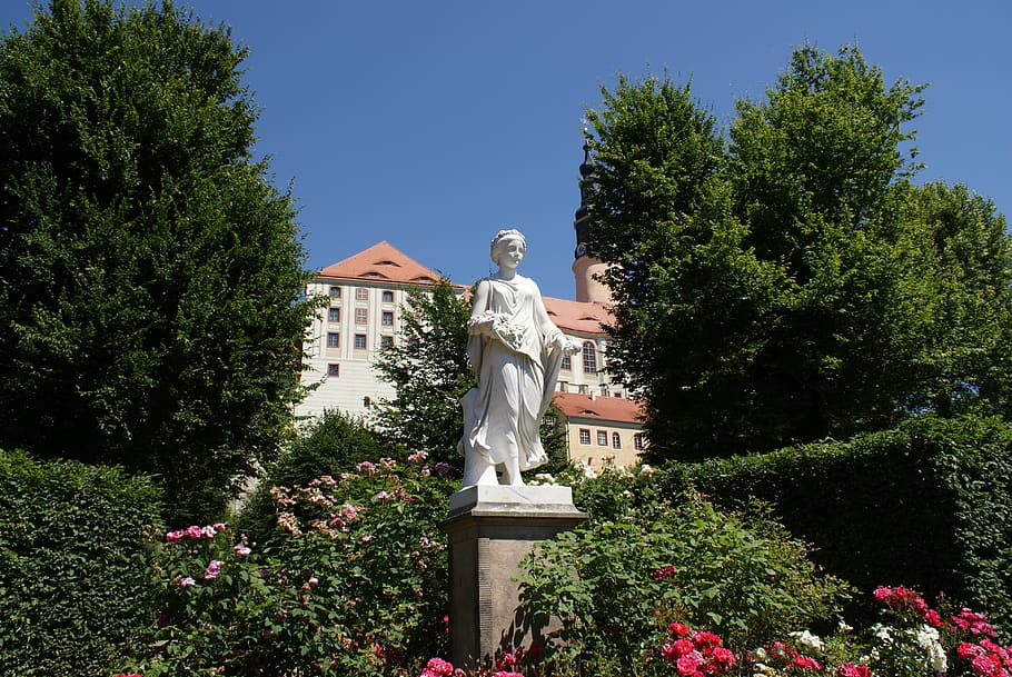 tree, statue, architecture, park, plant, sculpture, human representation HD wallpaper