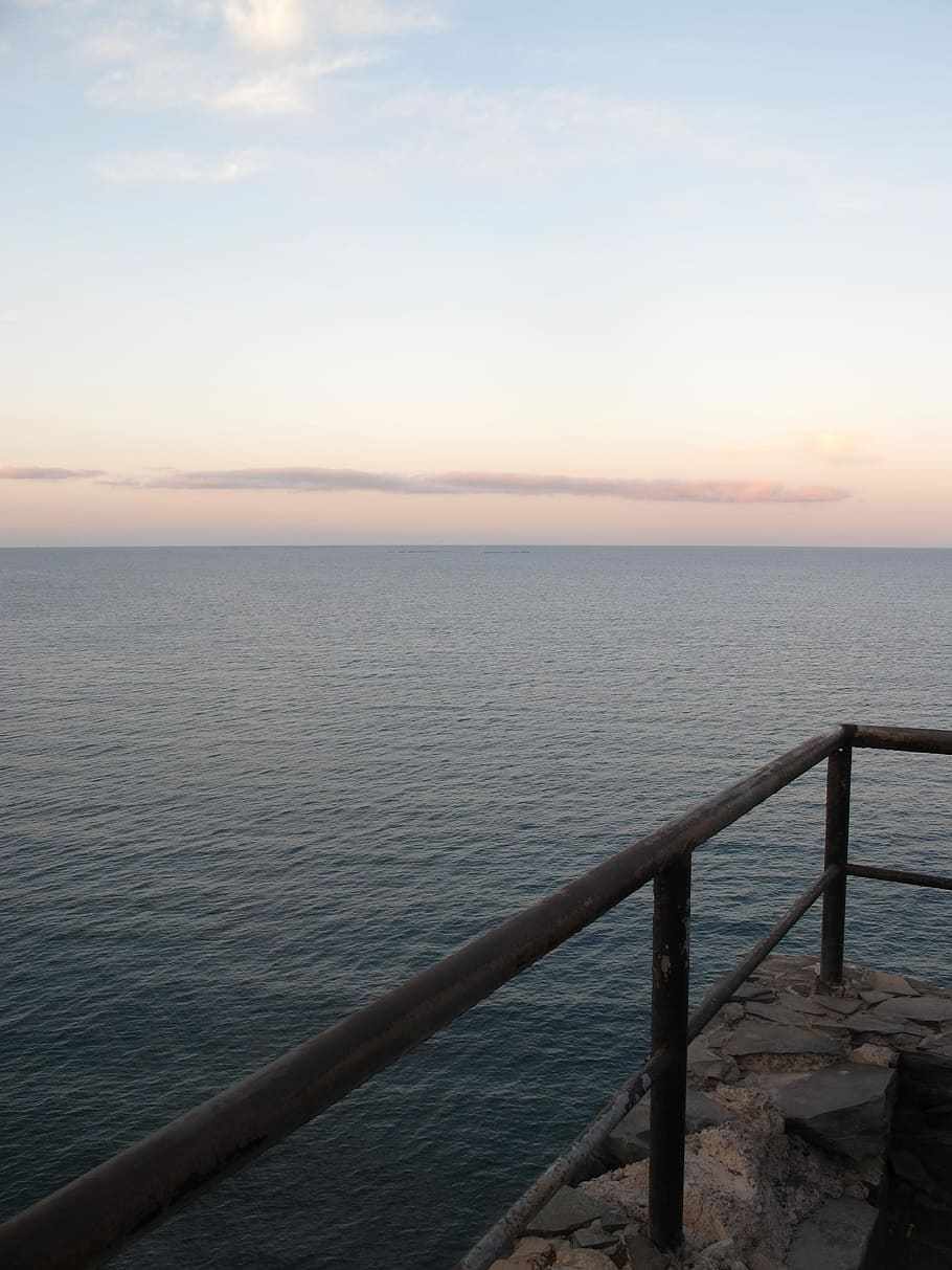 Sunset, Handrail, Red, Sky, blue, sea, scenics, railing, nature HD wallpaper