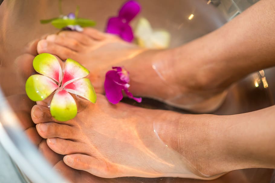 Pedicure, human feet on water with flowers, legs, petals, manicure