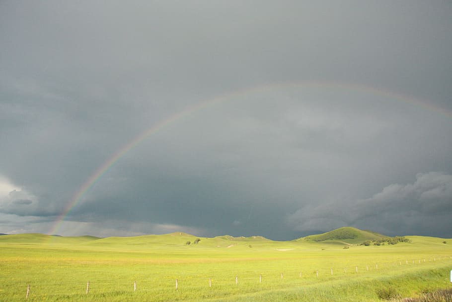 prairie rainbow, cloudy day, beauty in nature, landscape, scenics - nature HD wallpaper