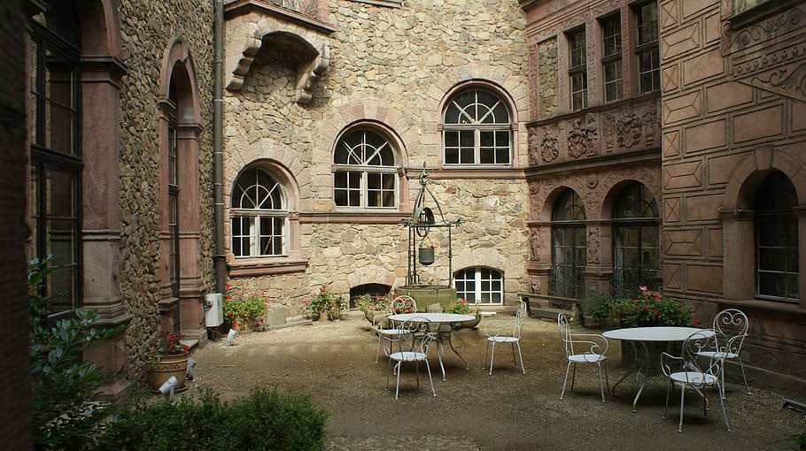 two white table set between brown buildings, castle, książ, HD wallpaper