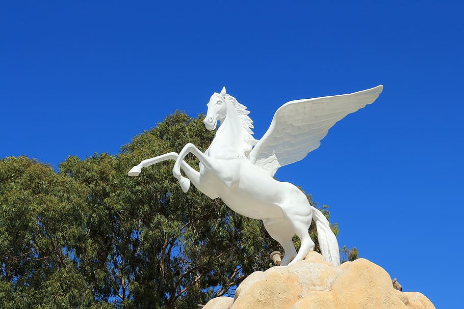 pegasus, rodos, horse, greece, white, stature, blue, sculpture