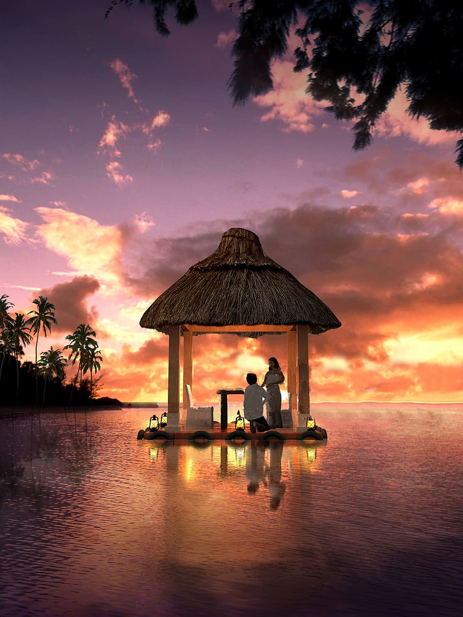 Grass, Pavilion, Lake, Wedding, grass pavilion, sunset, reflection HD wallpaper