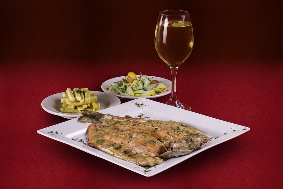 salmon, dinner, wine, restaurant, saucer, food and drink, studio shot HD wallpaper