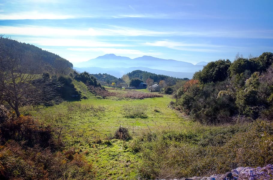 farmhouse, mountain, nature, landscape, wilderness, trees, meadow HD wallpaper