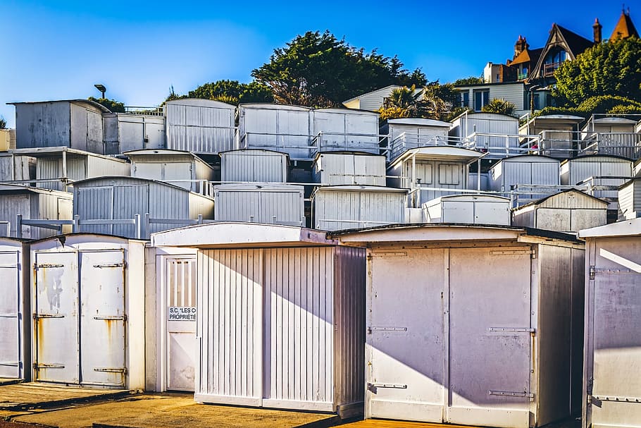 beach, houses, changing, cubicles, vacation, holiday, sea, summer HD wallpaper