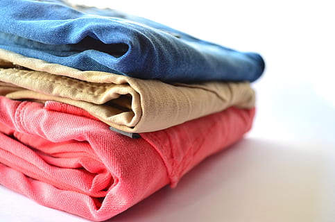 three red, brown, and blue denim bottomes, clothes, pants, clothing HD wallpaper