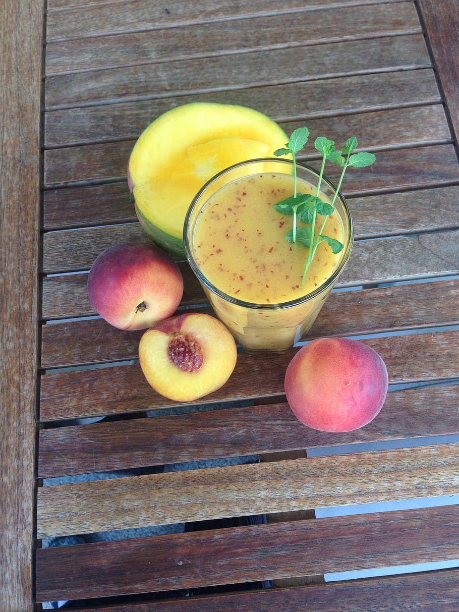 Mango, Peach, Vitamins, Glass, smothie, healthy, fruit, wood - material HD wallpaper