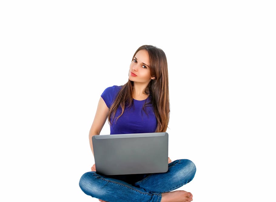 woman in blue top, computer, notebook, girl, work, people, emotions, HD wallpaper