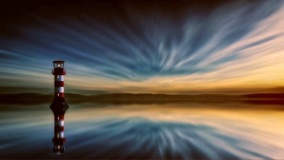 red and white striped lighthouse digital wallpaper, sea, clouds HD wallpaper