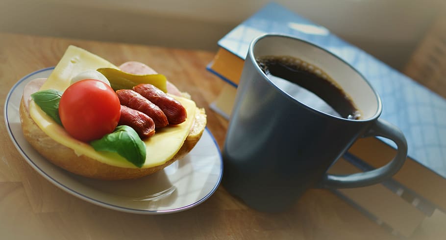 sliced of fruit on plate near black mug, breakfast, snack, sandwich, HD wallpaper
