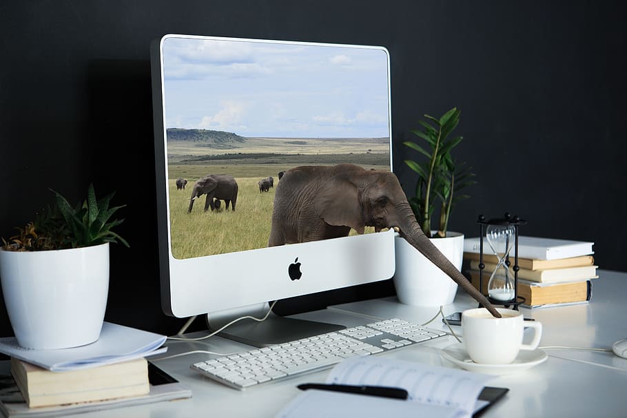 silver iMac on white wooden table, computer, laptop, technology HD wallpaper